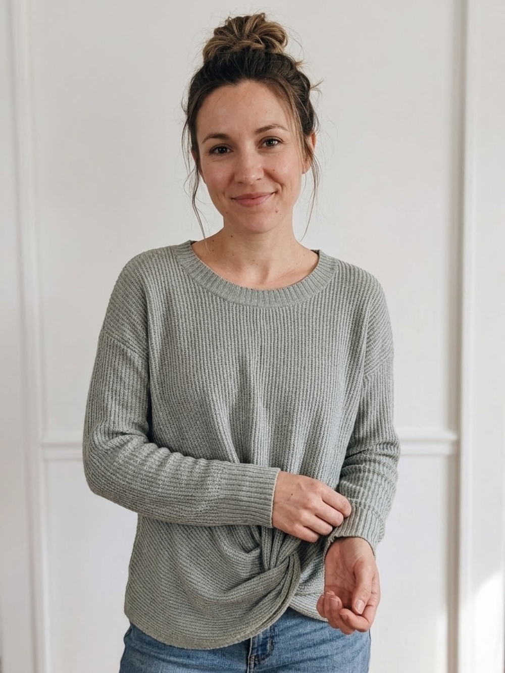 Offline by Aerie Women's Sage Green Ribbed Knit Long-sleeve Top Twist Front Knot
